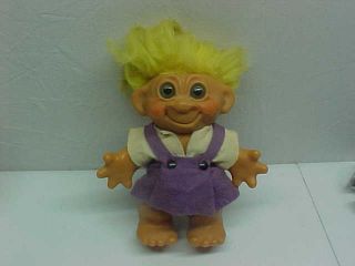 1960s Thomas Dam 8 " Troll Doll Bank Yellow Mohair Hair Felt Purple Boy Clothes