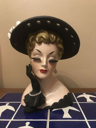 1960 8” Rare Napco Lady Head Vase C4819b Black Hat/glove Pearl Earrings/bracelet