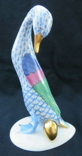 Herend Hungary Hand Painted Blue Fishnet 7.  5 " Goose W/ Golden Egg Figurine 5936