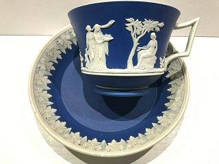 C.  1850 Wedgwood Jasperware Cobalt Blue Cup/saucer " White Handle " Perfect Rare