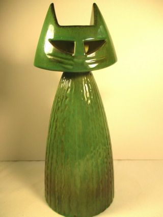 Mid - Century Modern Haeger Art Pottery Handcrafted Large Cat Candleholder Green