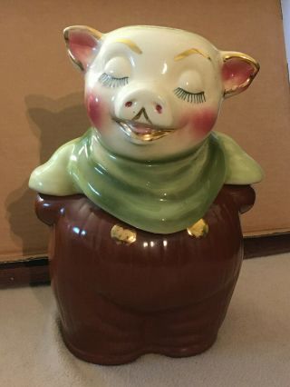 Shawnee Smiley Piggy Bank Head Cookie Jar Brown Green Vintage 60 Usa - Eb165