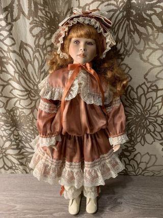 Seymour Mann Porcelain Victorian Doll Ruffled Copper Cream Dress Red Hair 22 "