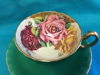 Aynsley Large Cabbage Rose Red Pink Yellow Gold On Green Cup & Saucer