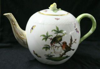 Herend Hungary Hand Painted Rothschild Bird 1602/ro Rose Finial Large Teapot