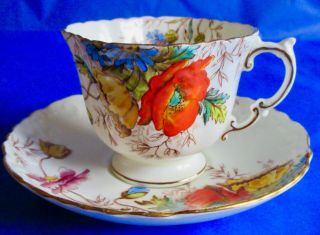 Aynsley Art Deco Hand Painted Poppies Cornflowers Quatrefoil Cup & Saucer