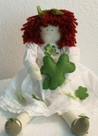 Irish Themed Fabric Rag - Cloth - Textile Doll,  Red Hair White Dress W/clovers