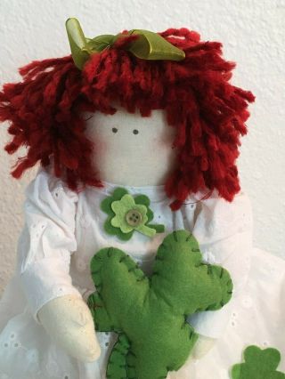 Irish Themed Fabric Rag - Cloth - Textile Doll,  Red Hair white dress w/clovers 2