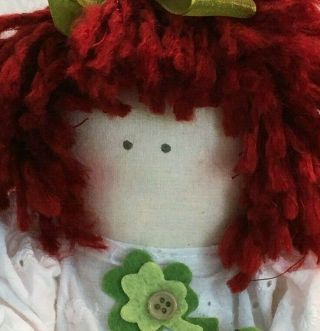 Irish Themed Fabric Rag - Cloth - Textile Doll,  Red Hair white dress w/clovers 3