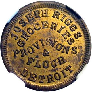 1863 Detroit Michigan Civil War Token Joseph Riggs R9 Brass Ngc Ms63