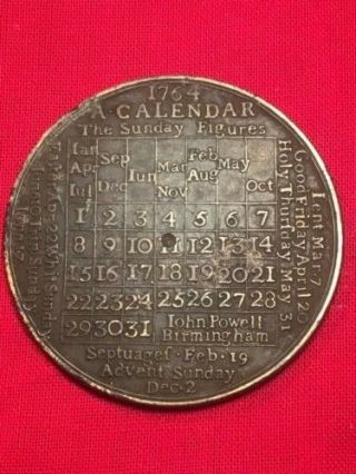 1764 Large American Revolution Period Calendar Medal Rare British Token