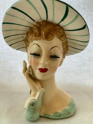 Vintage Napco Headvase/head Vase Striped Green Hat Lady 7 1/2