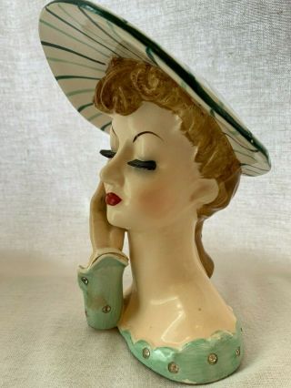 Vintage Napco Headvase/head vase Striped Green Hat Lady 7 1/2 2