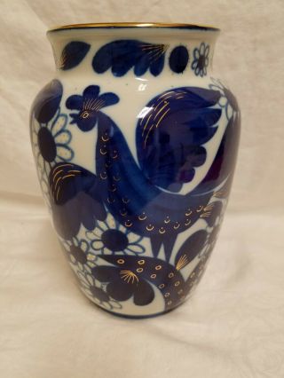 Russian Lomonosov Imperial Porcelain Blue White Gold Large Vase Roosters
