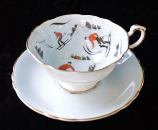 50s Paragon Bone China England Hand Painted Skier Set Footed Cup & Saucer A1666