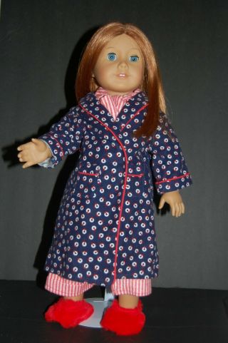 American Girl Molly Pleasant Company Red Wht Pajamas Blue Robe Slippers Retired