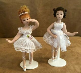 6 " Ballerina Mini Porcelain Doll Pair Brunette Auburn Hair Dancing Ballet