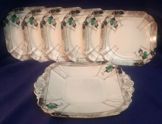Shelley Queen Anne 1928 " Damsons - - Green " 11625 Cake Plate,  6 Side Plates