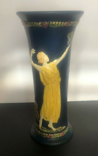 Weller Blue Ware 9.  5 " Tall Vase With Maiden & Grapes