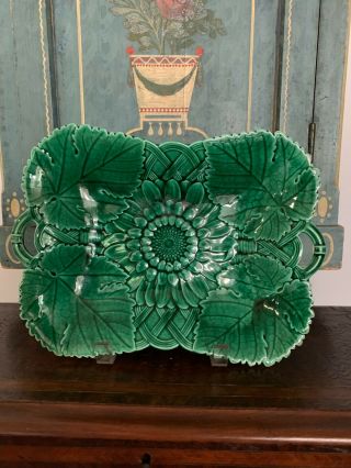 Vintage Green Glazed Majolica Sunflower Serving Platter With Handles