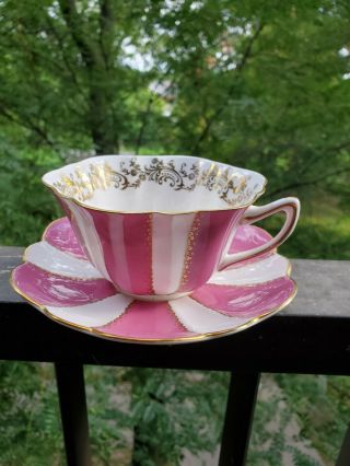 Shelley Teacup And Saucer Striped Shelley Teacup Pink And White And Gold