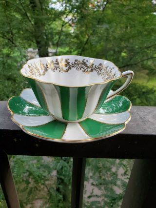 Shelley Teacup And Saucer Striped Shelley Teacup Green And White And Gold