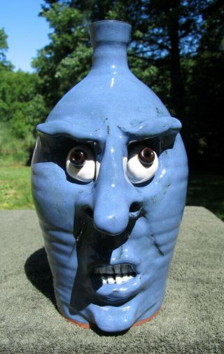 Angry Boy Blue Ugly Face Jug Folk Art Southern Pottery Ceramic Nc Vanhine