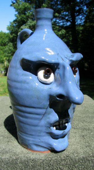 Angry Boy Blue UGLY FACE JUG folk art southern pottery ceramic nc vanhine 2