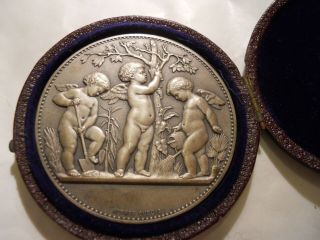 French Silver 50mm Art Nouveau Medal Cherubs Gardening Award Cased