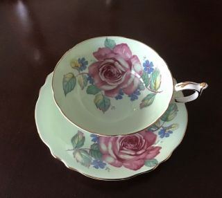 Paragon Pink Red Cabbage Rose On Green Teacup &saucer