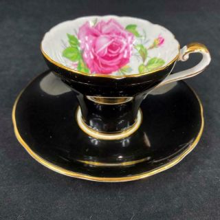 Vintage Aynsley Bailey - Type Cabbage Rose Black Corset Cup & Saucer C957