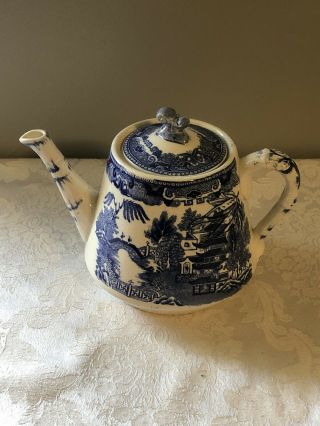 Blue Willow Ridgeway Tea Pot Great Design,  With Embossing & Fine 6” H