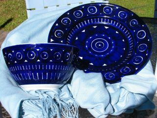 Cobalt Blue Large Salad Bowl & Plate,  Vintage Made In Finland