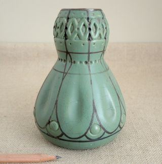 Arts & Crafts Pottery Vase Matte Green Silver Overlay Gourd Art Deco Marked Vtg