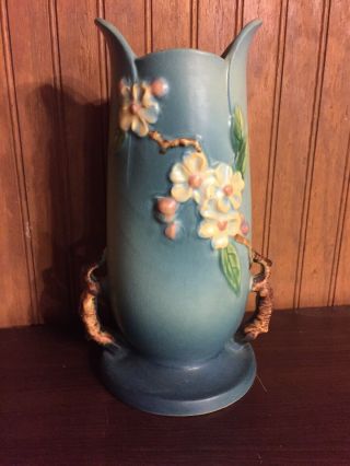 Vintage 1949 Roseville Art Pottery Apple Blossom Blue Flower Vase 389 - 10