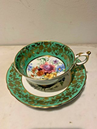 Paragon Tea Cup And Saucer A503 /6 Green With Gold Double Warranted Footed Rose