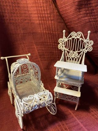 White Wire Sculptured Baby Carriage And High Chair.  Dollhouse Miniatures