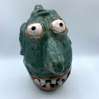 Folk Art Pottery Scary Ugly Green Face Jug Artist Signed