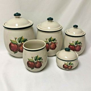 3 Piece Canister Set Utensil Holder And Sugar W/ Lid China Pearl Apples Casual
