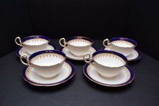 Set 5 Teacups & Saucers Aynsley John Leighton Cobalt Blue & Gold 10pc Set