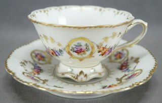 Dresden Hand Painted Floral & Gold Garlands Footed Tea Cup & Saucer B