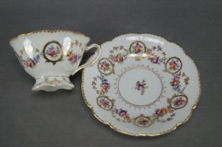 Dresden Hand Painted Floral & Gold Garlands Footed Tea Cup & Saucer B 2