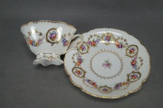 Dresden Hand Painted Floral & Gold Garlands Footed Tea Cup & Saucer A 2