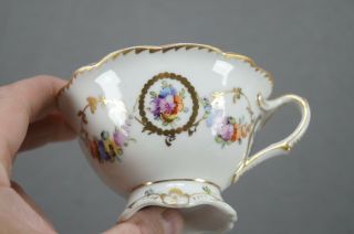 Dresden Hand Painted Floral & Gold Garlands Footed Tea Cup & Saucer A 3