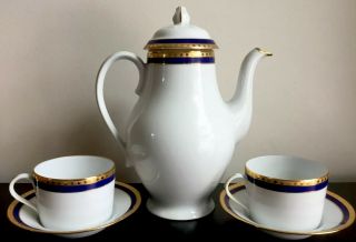 Tiffany & Co Limoges Blue & Gold Band 3 Pc Coffee Pot W.  2 Cup & Saucers Set