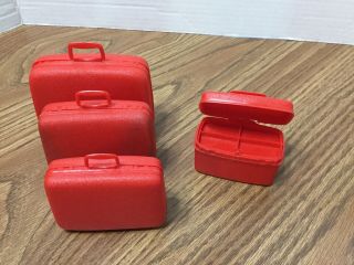 4 Pc.  Vintage Barbie Samsonite Luggage Travel Suitcase Red Train Case Tray