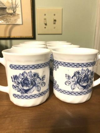 Set Of 4 Arcopal France Honorine Blue & White Coffee Tea Mugs Cups Milk Glass