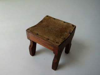 Vintage Dollhouse Miniature Sonia Messer Stool Wood Leather Seat 1980s Colombia
