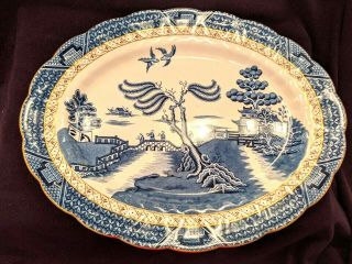 Booths Real Old Willow - 16 1/4” Serving Tray Platter - England Blue - Gold Trim