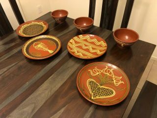 Sj Pottery Redware 4 Plate 3 Bowl Set Hand Painted Dish Bethel Missouri